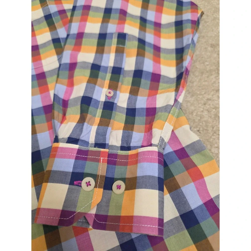Alan Flusser Mens Large Multi Color Plaid Button Down Shirt Cotton Long Sleeve